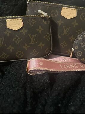 Louis Vuitton Monogram Mini Pouch Trio with Pink Strap